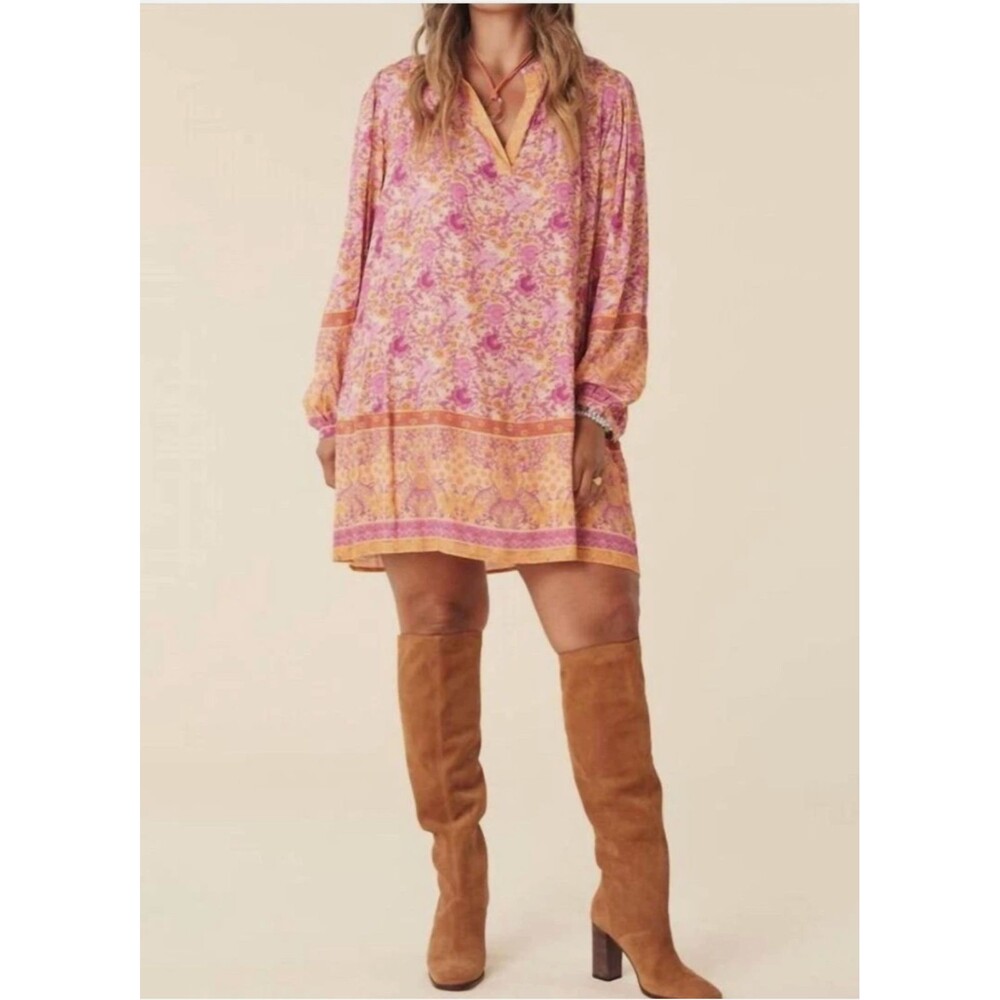 Spell Village Tunic Dress In Sunrise Boho Floral Long Sleeve Pink Size Large